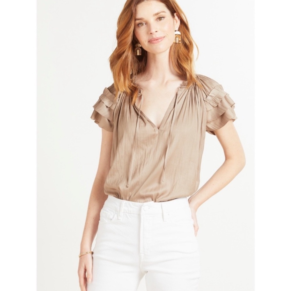 Evereve Beige Ruffle Sleeve V-Neck Blouse